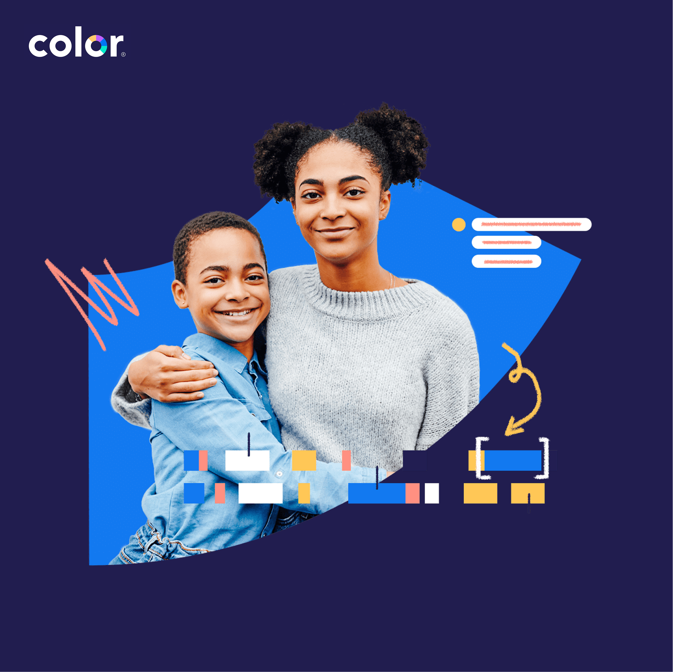 Color logo with person with a nice smile with illustration of DNA elements around it.