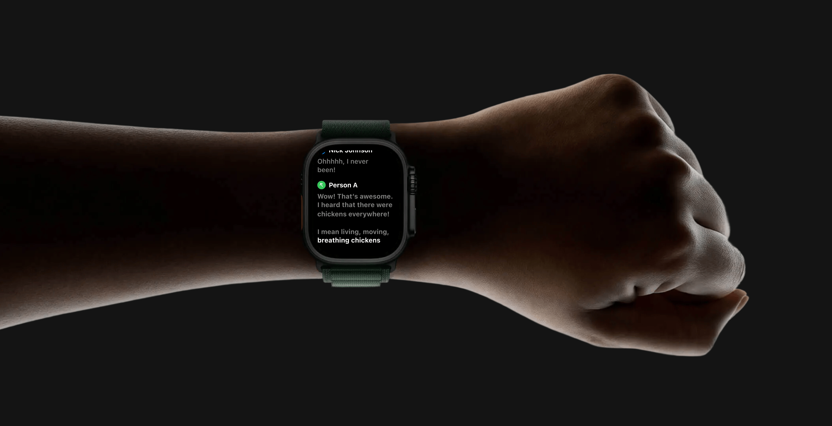 Apple watch on user wrist showcasing Apple Live Captions
