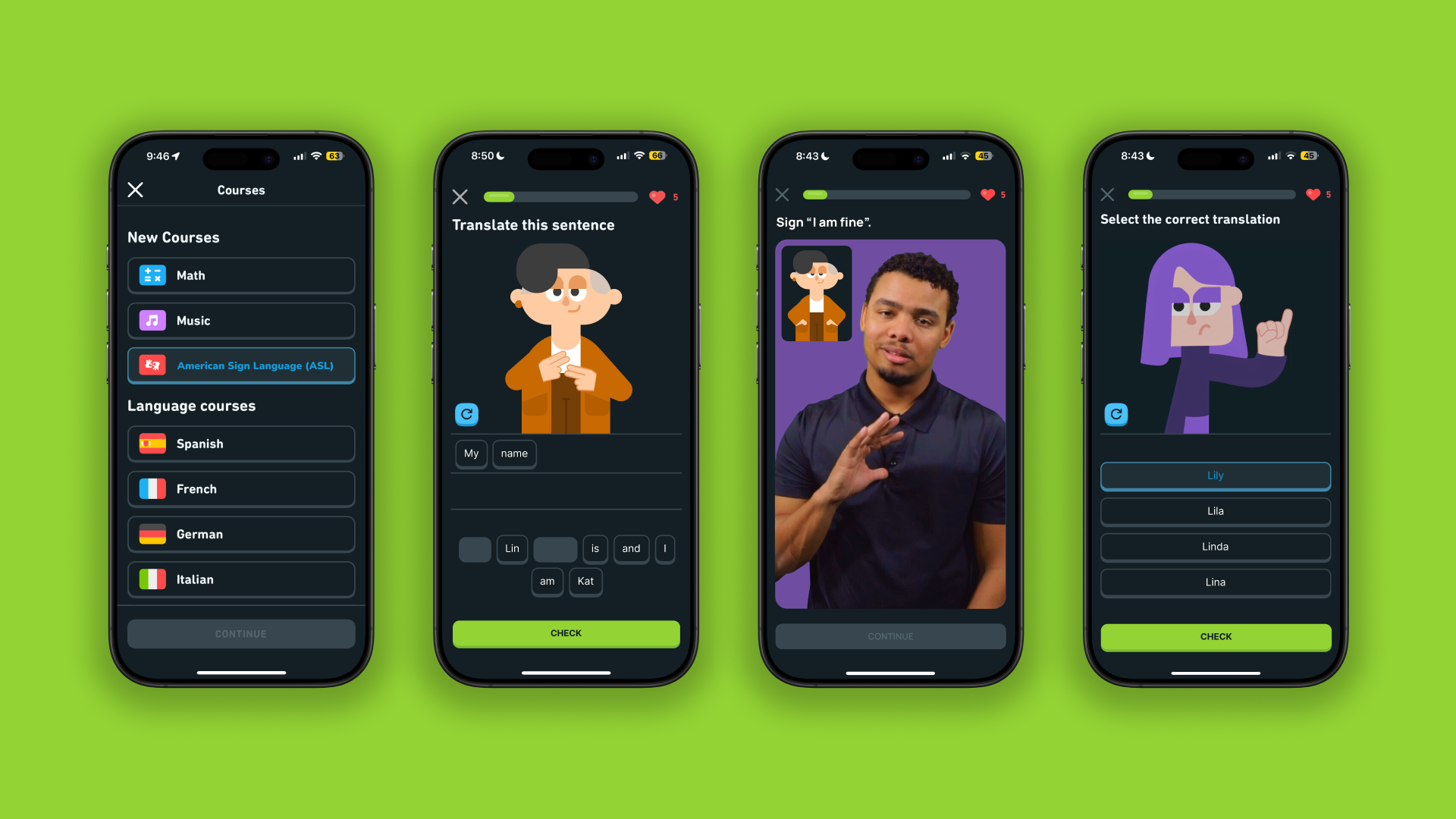 Duolingo ASL user interface design mockup