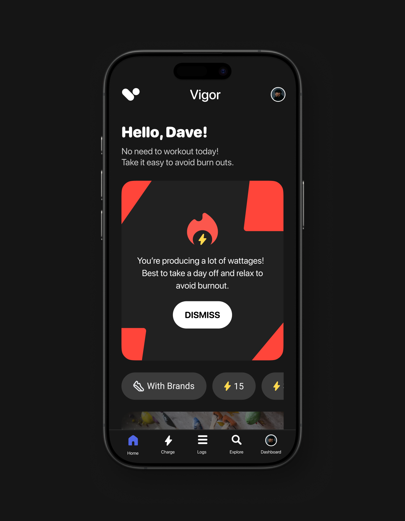 Vigor Phone App showing a warning to not over exercise.